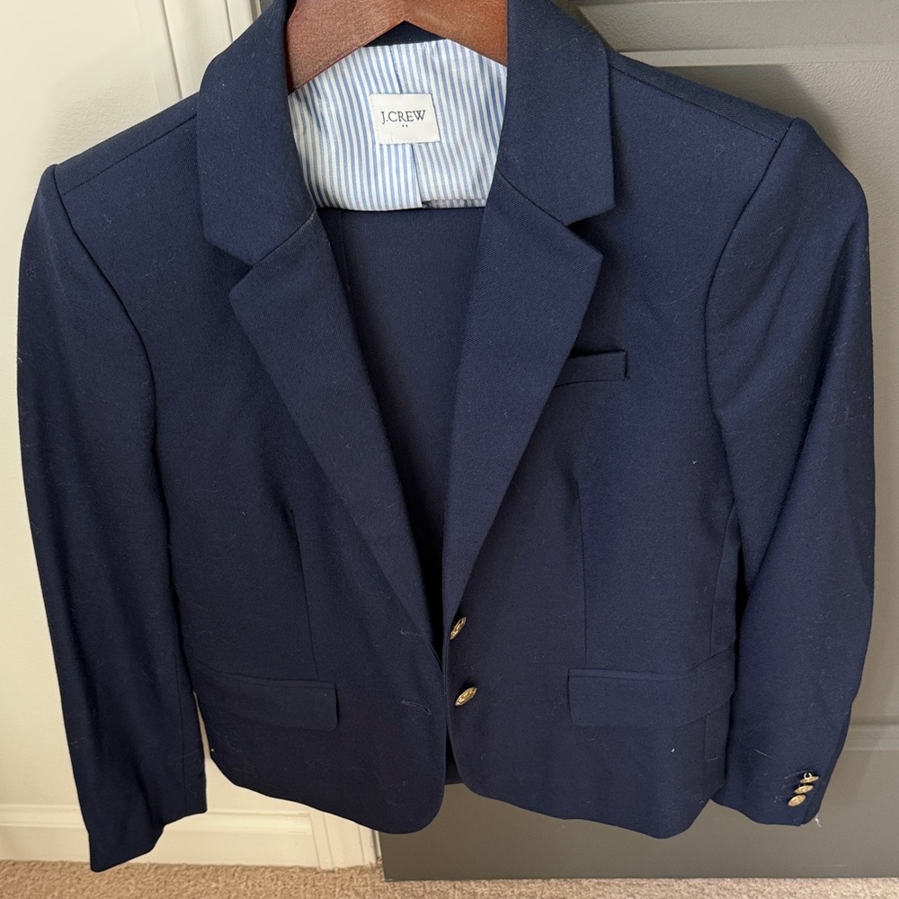 J. Crew Navy Blazer with Gold Buttons with matching cropped pants.